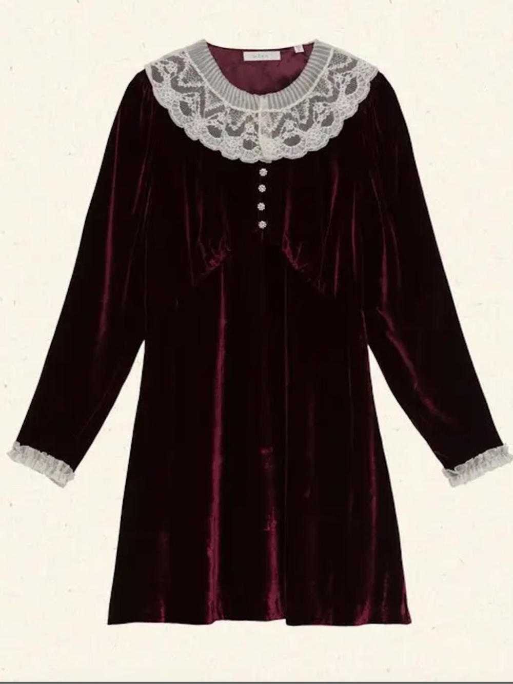 Doen Burgundy Velvet Mini Dress with White Lace Collar